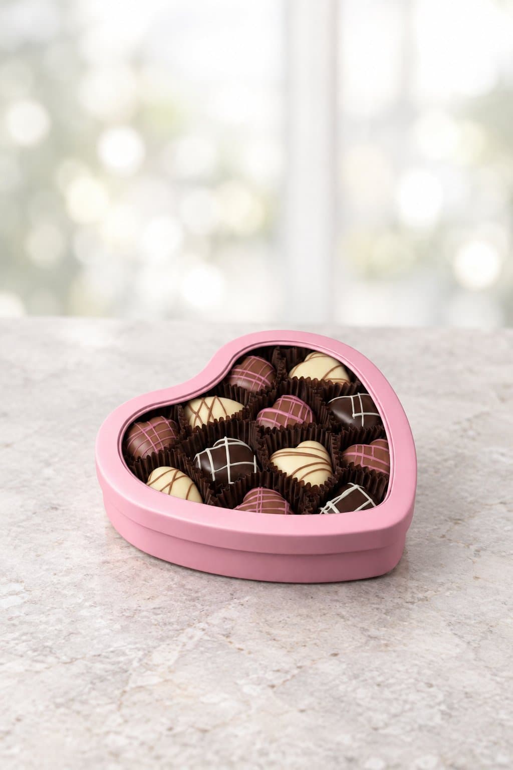 Rosa hjärtformad ask med chokladpraliner